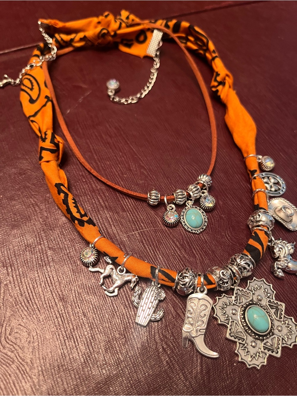 Turquoise Pendant Layered Necklace - Terracotta Silver Charm Statement - Picture 7 of 7